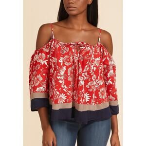 Double Zero blouse top flowy cold shoulder red/blue Hawaiian SZ SM 100% cotton